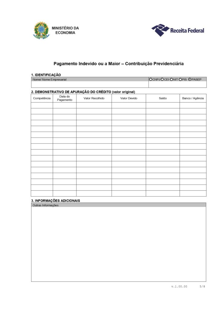 Página do formulário de restituição para preenchimento de contribuição indevida ou maior que o teto