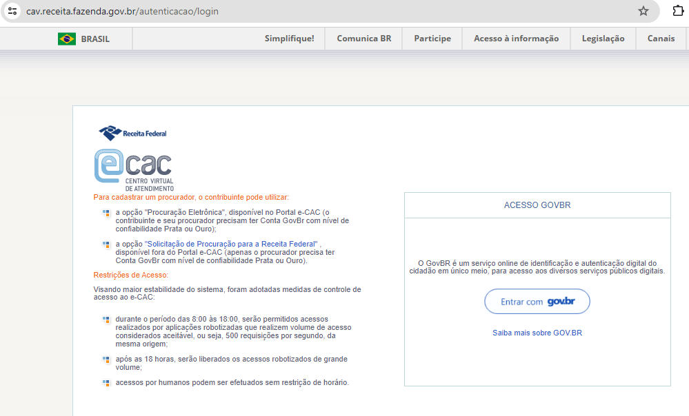 Página inicial do Portal e-CAC