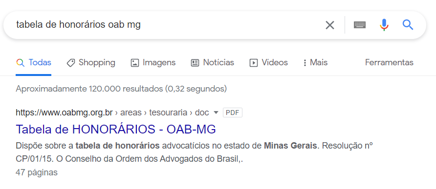 buscador do google tabela de honorários oab mg