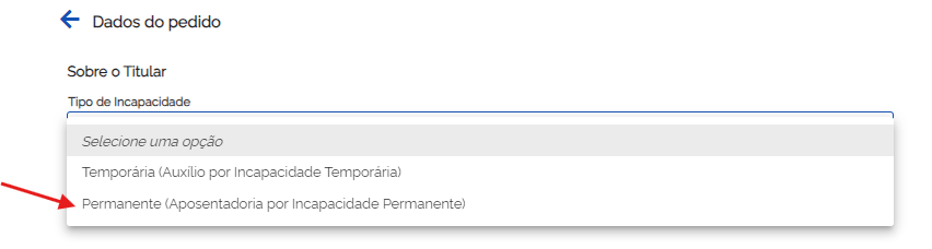 selecionar opção benefício por incapacidade meu inss